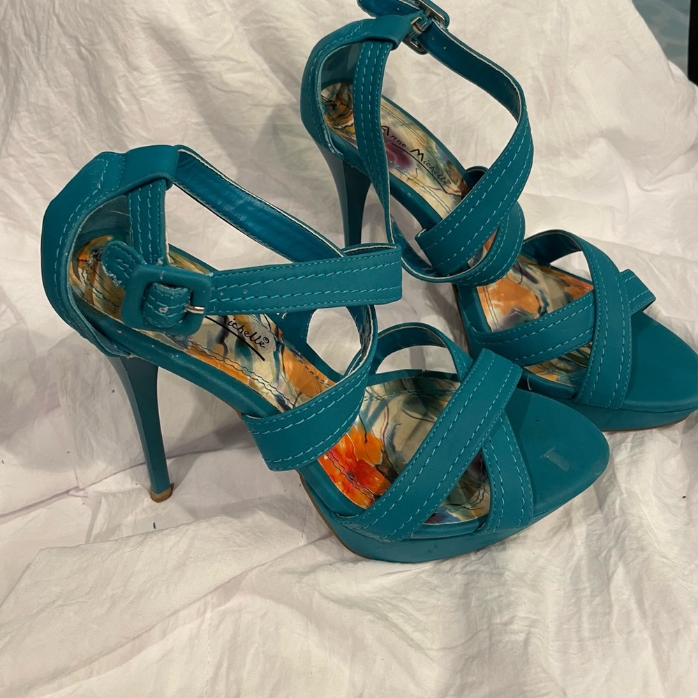 Anne Michelle Teal Strappy Heels